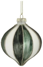 Bielo-zelená sklenená vianočná ozdoba banka s pruhmi - 8 cm