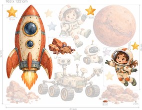 Misia na červenú planétu akvarelové nálepky na stenu pre malých astronautov arch 46 x 34 cm