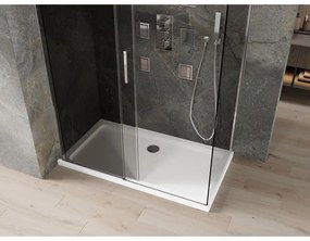 Mexen Omega, sprchový kút s posuvnými dverami 140 (dvere) x 80 (stena) cm, 8mm šedé sklo, chrómový profil + slim sprchová vanička biela + chrómový sifón, 825-140-080-01-40-4010