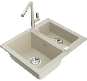 Mexen Carlos, 1,5-komorový granitový drez 582x475x177 mm a drezová batéria Flora, béžová, 6518-69-670401-09