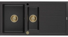 Mexen Andres granitový 1,5-komorový drez s odkvapkávačom 1000 x 500 mm Čierna/Strieborná metalíza, Sifón Zlatá - 6515101510-73-G