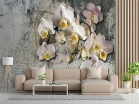 Gario Fototapeta Kvitnúce orchidey na pozadí starej steny Materiál: Vliesová, Rozmery: 200 x 140 cm