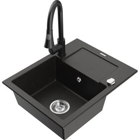 Mexen Enzo, 1-komorový granitový drez 576x465x174 mm a drezová batéria Elia, čierna-zlatá metalíza, 6506-75-670101-70