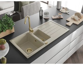Mexen Andres, granitový drez 1000x500x200 mm, 1,5-komorový, béžová so zlatým sifónom, 6515101510-69-G