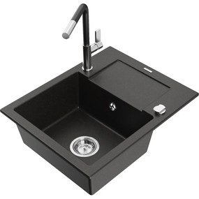 Mexen Enzo, 1-komorový granitový drez 576x465x174 mm a drezová batéria Flora, čierna-zlatá metalíza, 6506-75-670401-07