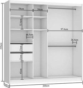 Šatníková skriňa 200 cm Belini biely mat / biely lesk s posuvnými dverami zrkadlom a zásuvkami  MGB SZP5/1/W/1L5W/KLAL