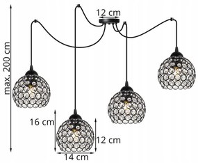 Závesné svietidlo Crystal Spider, 4x čierne krištáľové tienidlo