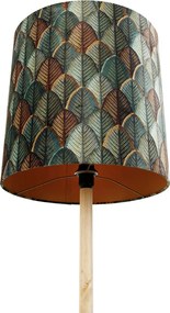 Drevená stojacia lampa s zamatovým tienidlom s dizajnom listov a zlatým vnútorným priestorom - Mels