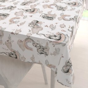 Biante Detský bavlnený obdĺžnikový obrus Sandra SA-462 Slony so sivohnedou dúhou na bielom 140x220 cm