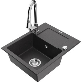 Mexen Enzo, 1-komorový granitový drez 576x465x174 mm a drezová batéria Elia, čierna škvrnitá, 6506-76-670101-00