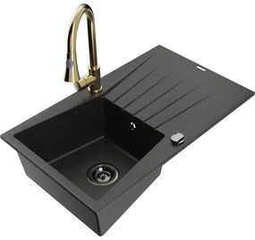 Mexen Cesar, 1-komorový granitový drez 775x470x190 mm a drezová batéria Elia, čierna-zlatá metalíza, 6514-75-670101-50-B