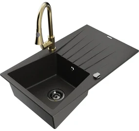 Mexen Cesar, 1-komorový granitový drez 775x470x190 mm a drezová batéria Elia, čierna-zlatá metalíza, 6514-75-670101-50-B