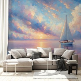 Samolepiaca tapeta plachetnica na pokojnom mori pri západe slnka