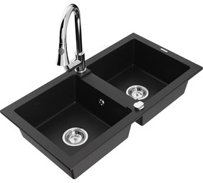 Mexen Mario, 2-komorový granitový drez 820x436x161 mm a drezová batéria Elia, čierna, 6504-77-670101-00