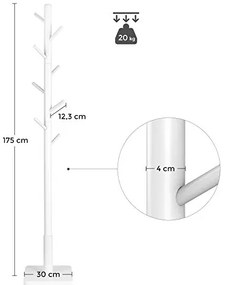 Vešiak na kabáty, 8 háčikov, drevený, biela farba, 175x30x30cm