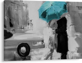 Obraz - Zamilovaný pár s dáždnikom, modrý (70x50 cm)