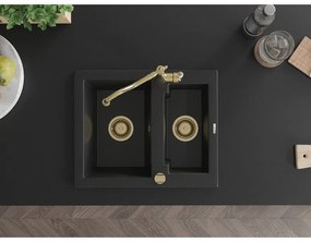 Mexen Carlos, granitový drez 582x475x177 mm, 1,5-komorový a drezová batéria Carla, čierna, 6518-77-670700-50