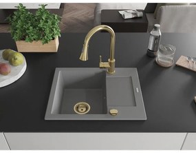 Mexen Enzo, 1-komorový granitový drez 576x465x174 mm a drezová batéria Elia, šedá, 6506-71-670101-50