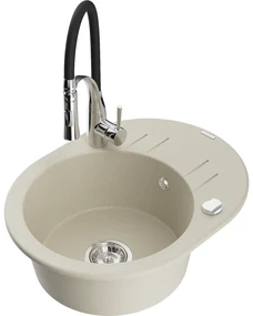 Mexen Kevin, 1-komorový granitový drez 586x458x190 mm a drezová batéria Aster, béžová, 6517-69-73450-07