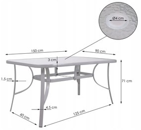 PreHouse Záhradný stôl 150cm: kov + sklo, šedý
