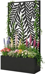 Outsunny kovový kvetináč s mriežkou a panelom s motívom tropických listov, 61 × 23 × 113 cm, čierny | Aosom