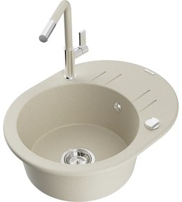 Mexen Kevin, 1-komorový granitový drez 586x458x190 mm a drezová batéria Flora, béžová, 6517-69-670401-09