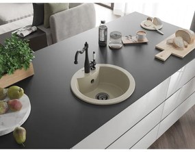 Mexen Diego, granitový drez 488x488x167 mm, 1-komorový a drezová batéria Carla, béžová, 6512-69-670700-70