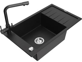 Mexen Elias, 1-komorový granitový drez s odkvapkávačom 795x480x200 mm a čierna batéria Duero, čierna, 6511-77-671600-70