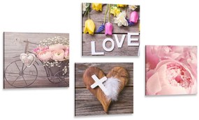Set obrazov zátišie kvetín s krížikom a nápisom Love