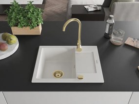 Mexen Enzo, granitový drez 576x465x174 mm, 1-komorový, biela so zlatým sifónom, 6506571005-20-G