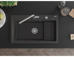 Mexen Omar, 1-komorový granitový drez 800x480x210 mm, čierna škvrnitá, chrómový sifón, 6520801005-76