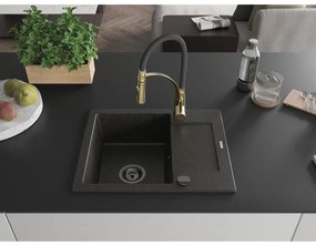 Mexen Enzo, 1-komorový granitový drez 576x465x174 mm a drezová batéria Aster, čierna-zlatá metalíza, 6506-75-73450-57-B