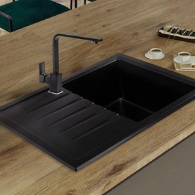 Sink Quality Titanite, kuchynský granitový drez 680x495x215 mm + čierny sifón, čierna, SKQ-TIT.C.1KKO.XB