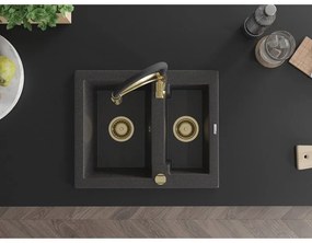 Mexen Carlos, 1,5-komorový granitový drez 582x475x177 mm a drezová batéria Aster, čierna škvrnitá, 6518-76-73450-57-G