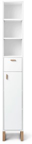Vysoká kúpeľňová skrinka s otvorenou poličkou, zásuvkou a dvierkami, úzka