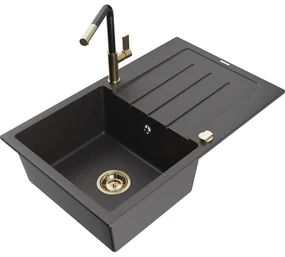 Mexen Bruno, 1-komorový granitový drez 795x495x200 mm a drezová batéria Flora, čierna škvrnitá, 6513-76-670401-75-G