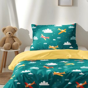 Goldea detské bavlnené obliečky duo - letecké dobrodružstvo so žltou 150 x 200 a 50 x 60 cm