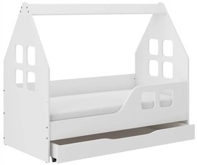 Očarujúca detská posteľ su šuflíkom 140 x 70 cm bielej farby v tvare domčeka