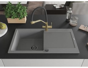 Mexen Leo, 1-komorový granitový drez 900x500x190 mm a drezová batéria Duo, šedá, 6501-71-671701-57-B
