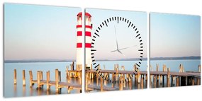 Obraz majáku za úsvitu (s hodinami) (90x30 cm)