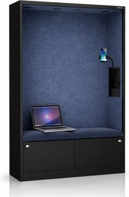 Kancelárska akustická kabína so sedadlom a portom USB-C, telo v čierny / sedák tmavomodrá v zelenej farbe, 1150 mm: SALLY MentalBox