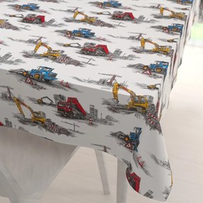 Biante Detský bavlnený obdĺžnikový obrus Sandra SA-578 Nákladiaky a bagre na bielom 80x120 cm