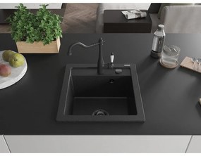 Mexen Vito, granitový drez 490x520x210 mm, 1-komorový a drezová batéria Carla, čierna-strieborná metalíza, 6503-73-670700-70-B