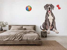Nemecká doga s loptičkou a kosťou akvarelové textilné nálepky na stenu pre milovníkov dog hárok 29 x 46 cm
