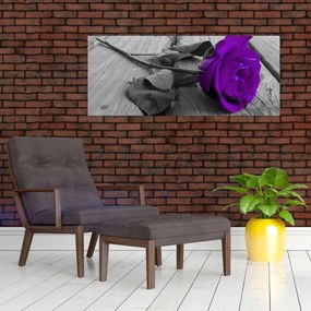 Obraz - Fialová ruža so zelenou stonkou (120x50 cm)