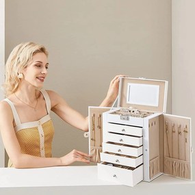 Šperkovnica 6-poschodová so zásuvkami, zrkadlom, uzamykateľná, biela krémová