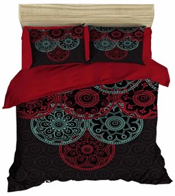 Obojstranná posteľná bielizeň Mandal 200x220 cm + 2 vankúše čierno-červená