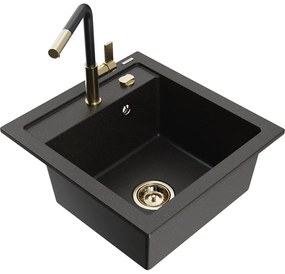 Mexen Vito, 1-komorový granitový drez 490x520x210 mm a drezová batéria Flora, čierna-zlatá metalíza, 6503-75-670401-57-G