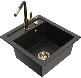 Mexen Vito, 1-komorový granitový drez 490x520x210 mm a drezová batéria Flora, čierna-zlatá metalíza, 6503-75-670401-57-G