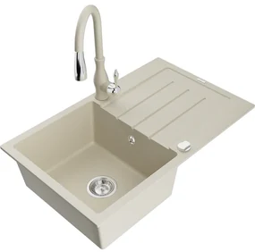 Mexen Bruno, 1-komorový granitový drez 795x495x200 mm a drezová batéria Savita, béžová, 6513-69-672601-69